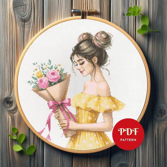 刺繍画　花を持った少女 花を持つ少女のクロスステッチパターン（PDF）、女性向けデザイン