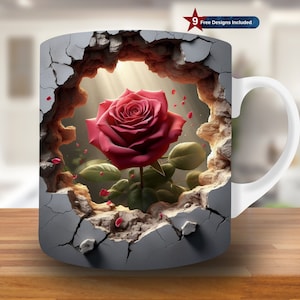 Puede incluir: Una taza de cerámica blanca con un diseño de una rosa roja que crece de una pared de concreto agrietada. La rosa está enfocada y la pared está desenfocada en el fondo.