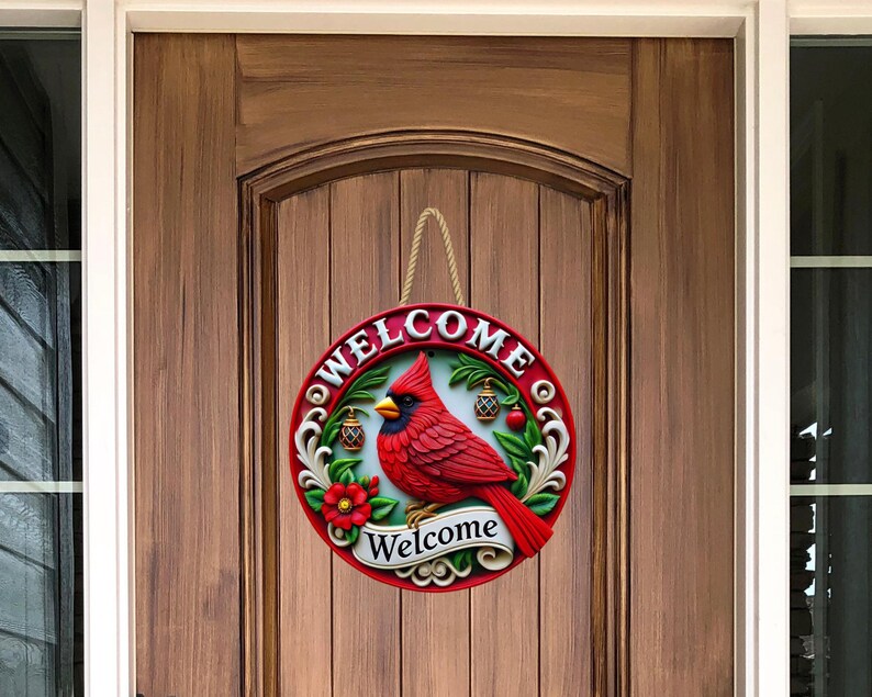 3D Cardinal Bird Welcome Sign Round Door Hanger Design, Bird Round ...