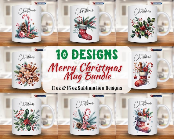 Merry Christmas Mug Wrap Bundle, 11oz & 15oz Mug Template, Christmas Mug Sublimation Design, Coffee Mug Wrap Template, Instant Download Png