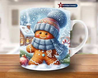 Gingerbread and Blue Hat Mug Wrap, 11oz & 15oz Mug Template, Christmas Mug Sublimation Design,Winter Mug Wrap Template,Instant Download PNG