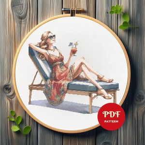 Summer Girl Cross Stitch Pattern, Vacation Embroidery Design, Woman Needlepoint Chart, Beach Cross Stitch PDF Pattern, Instant Download, DIY