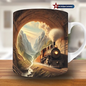 Può includere: Una tazza in ceramica bianca con un'immagine colorata di un treno a vapore che emerge da un tunnel. Il treno è marrone e rosso con ruote nere e una scia di fumo bianco. Il tunnel è in pietra e lo sfondo è un paesaggio pittoresco con montagne e alberi.