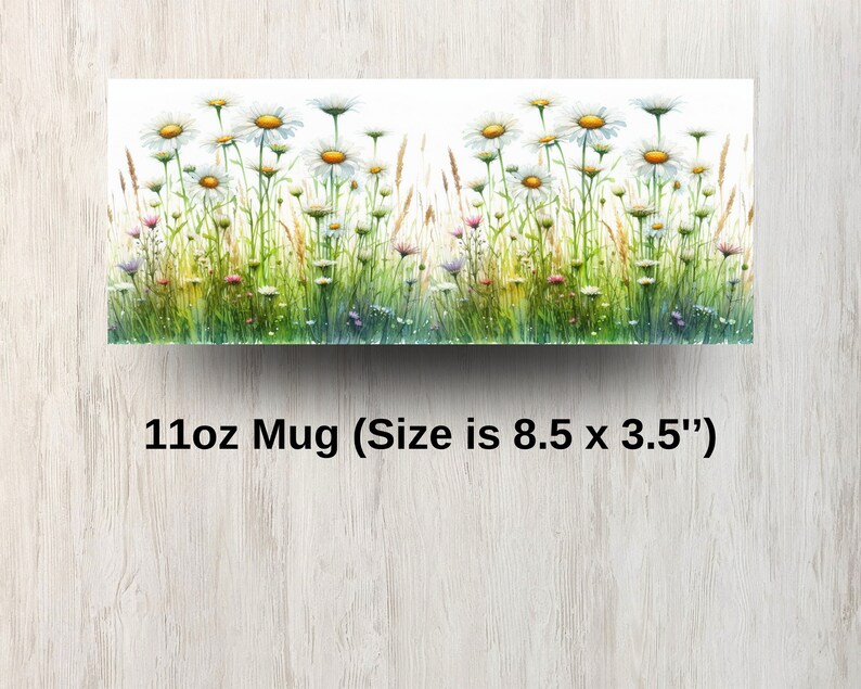 May include: White ceramic mug with a floral design featuring white daisies and other wildflowers in shades of pink, purple, and yellow. The mug is 11 oz and measures 8.5 inches by 3.5 inches.