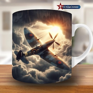 Envoltura de taza de avión volador en nubes, plantilla de taza de 11 oz y 15 oz, diseño de sublimación de taza de piloto de combate, plantilla de envoltura de taza de avión, descarga instantánea PNG