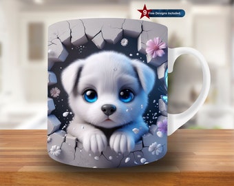 3D Cute Puppy Hole in a Wall Mug Wrap, 11oz & 15oz Mug Template, Mug Sublimation Design, Mug Wrap Template, Instant Digital Download PNG