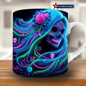 Neon Sugar Skull Mug Wrap, 11oz & 15oz Mug Template,Halloween Mug Sublimation Design,Skeleton Mug Wrap Template,Instant Digital Download PNG