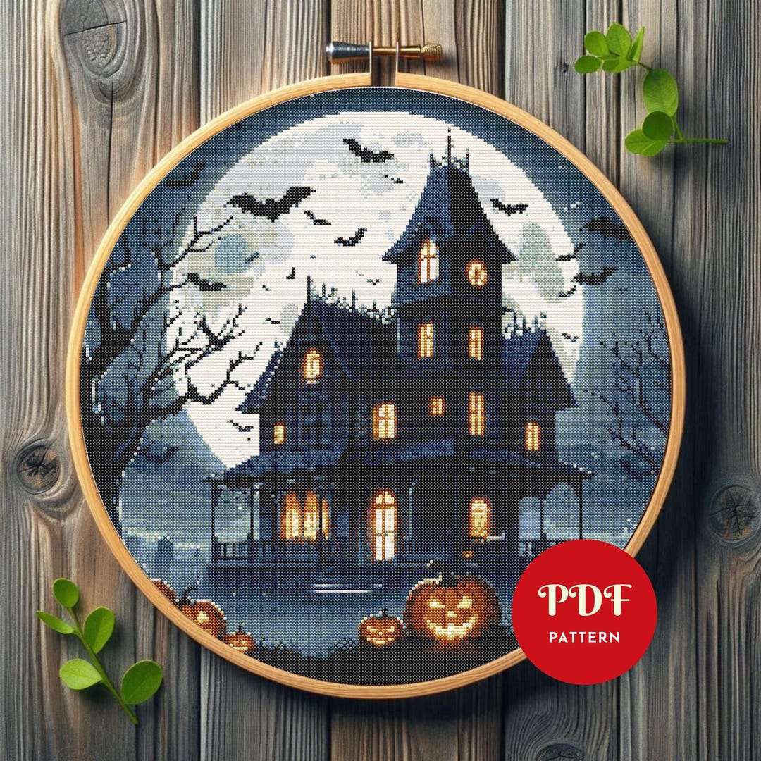 Haunted House Halloween Cross Stitch Pattern, Spooky Night Embroidery ...