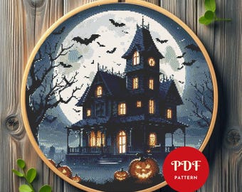 Haunted House Halloween Cross Stitch Pattern, Spooky Night Embroidery Design,Needlepoint Chart,Cross Stitch PDF Pattern,Instant Download,DIY