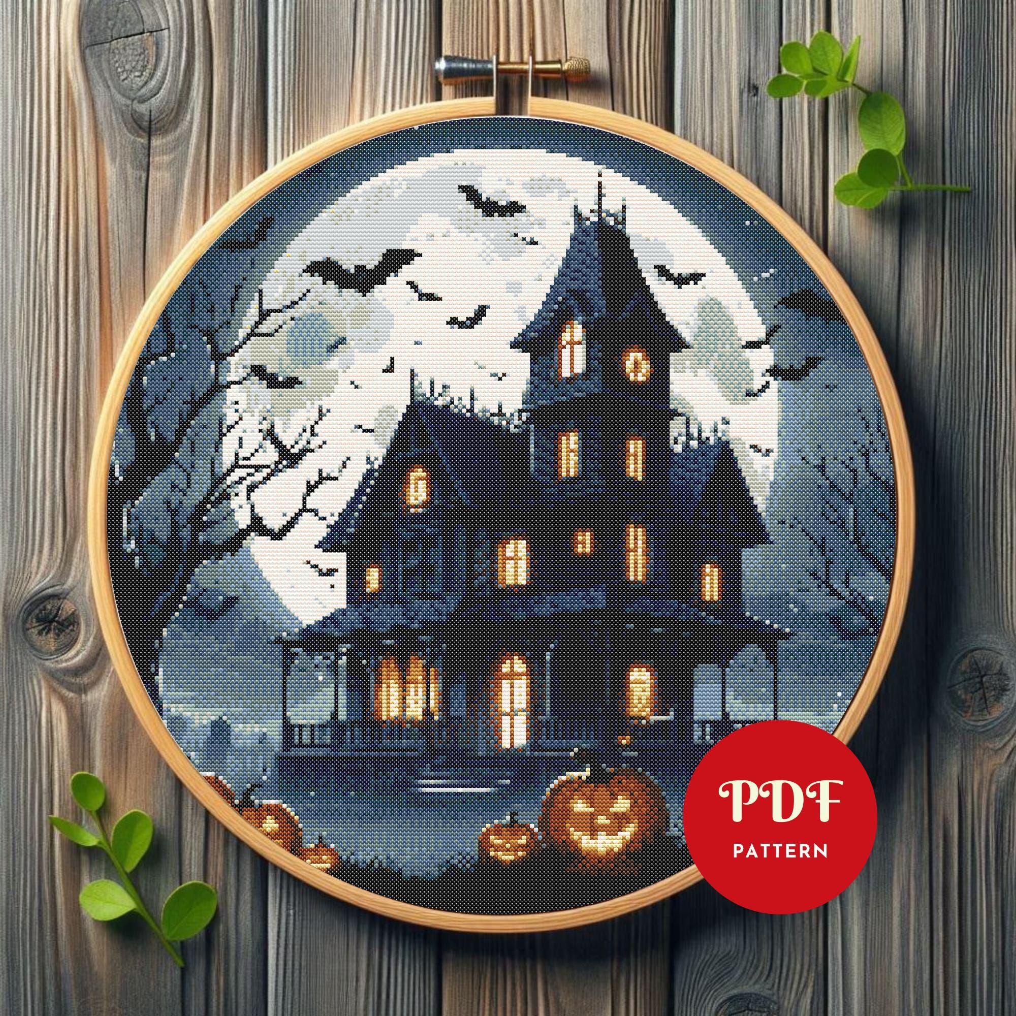 Haunted House Halloween Cross Stitch Pattern, Spooky Night Embroidery ...