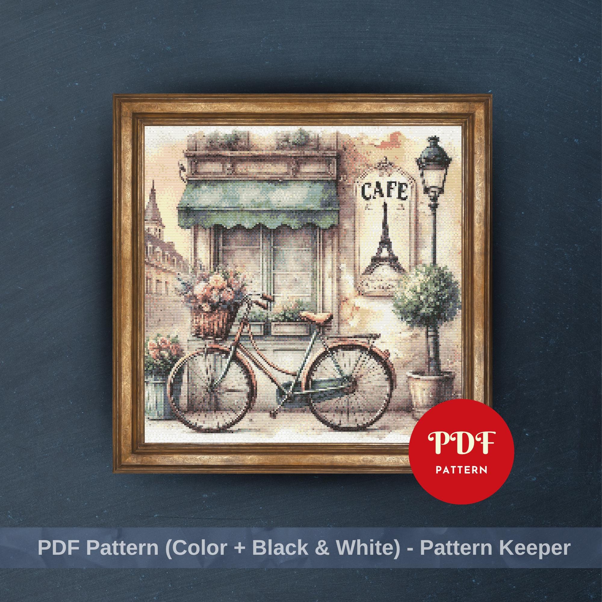 Paris Cafe Bicycle Cross Stitch Pattern, French Street Embroidery