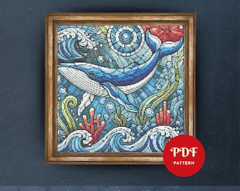 May include: A framed cross-stitch pattern featuring a blue whale swimming in a vibrant underwater scene. The design includes waves, coral, and seaweed in shades of blue, green, and red. The text "PDF PATTERN" is visible in a red circle.