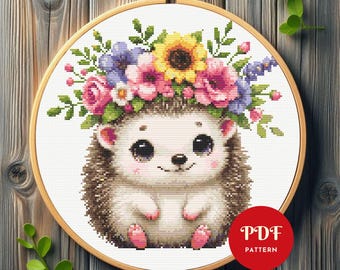 Hedgehog Cross Stitch Pattern,Flower Crown Embroidery Design,Animal Needlepoint Chart,Easy Cross Stitch PDF Pattern,Instant Download,DIY