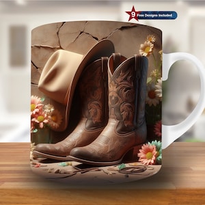 3D Cowboy Boots and Cowboy Hat Mug Wrap, 11oz & 15oz Mug Template,Cowboy Mug Sublimation Design, Mug Wrap Template, Digital Download PNG