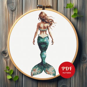 Patrón de punto de cruz de sirena, diseño de bordado oceánico, gráfico de bordado de fantasía, patrón PDF de punto de cruz fácil, descarga instantánea, bricolaje