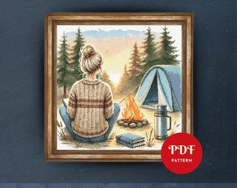 Blonde Camping Girl Cross Stitch Pattern, Cozy Campfire Embroidery Design, Needlepoint Chart, Cross Stitch PDF Pattern, Instant Download,DIY
