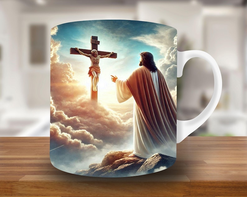 Puede incluir: Taza de cer&aacute;mica blanca con una imagen colorida de un hombre en una cruz con un hombre con una t&uacute;nica que le tiende la mano. El fondo es un cielo nublado.