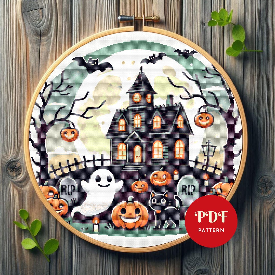 Halloween Haunted House Cross Stitch Pattern, Ghost Embroidery Design ...