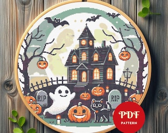 Halloween Haunted House Cross Stitch Pattern, Ghost Embroidery Design, Needlepoint Chart, Easy Cross Stitch PDF Pattern,Digital Download,DIY