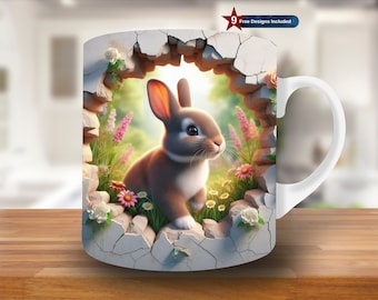 3D Rabbit Hole in a Wall Mug Wrap, 11oz & 15oz Mug Template, Bunny Mug Sublimation Design, Coffee Mug Wrap Template, Digital Download PNG