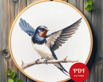 Swallow Bird Cross Stitch Pattern, Realistic Nature Embroidery Design, Needlepoint Chart, Easy Cross Stitch PDF Pattern,Instant Download,DIY