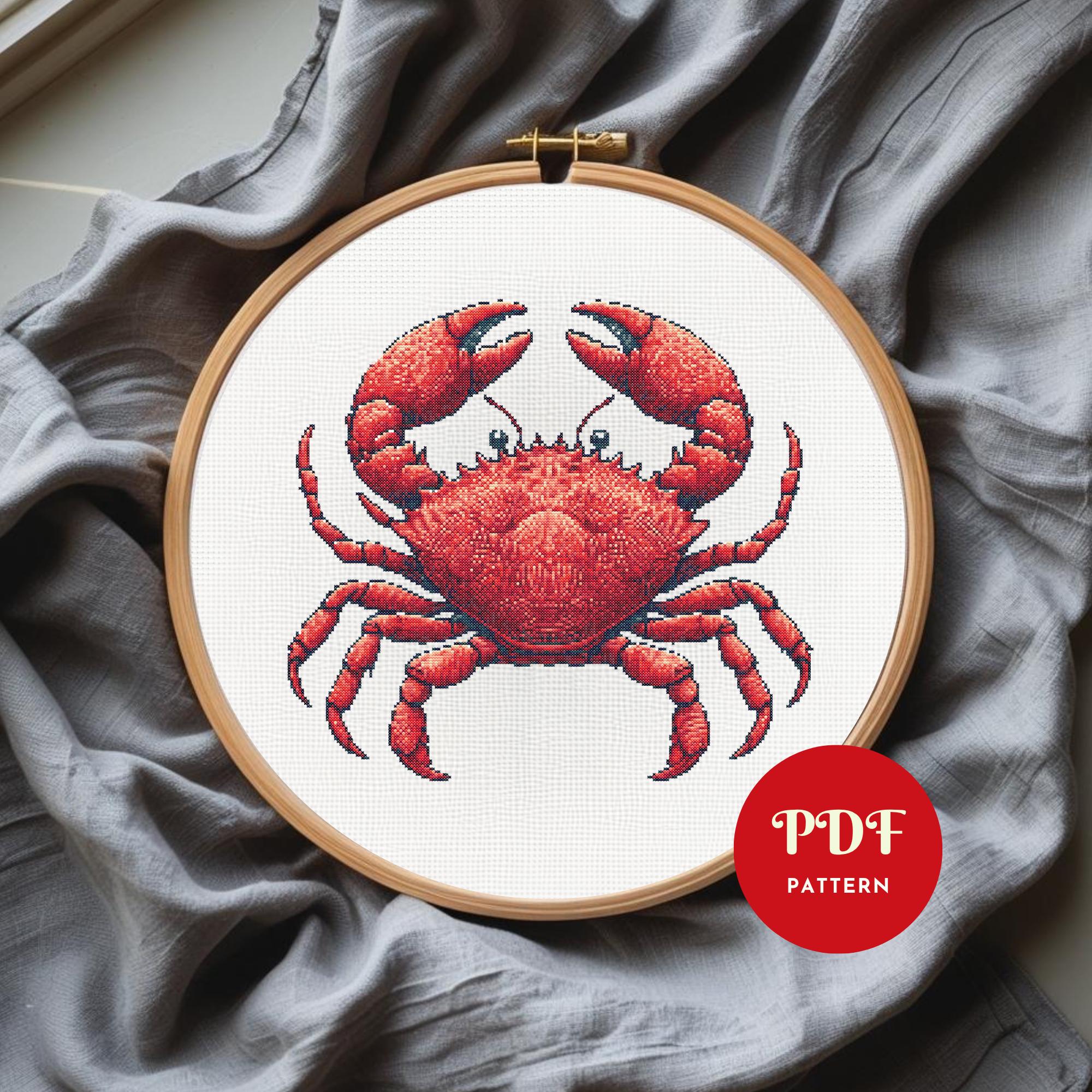赤いカニのクロスステッチ図案、海の動物の刺繍デザイン、海のニードル