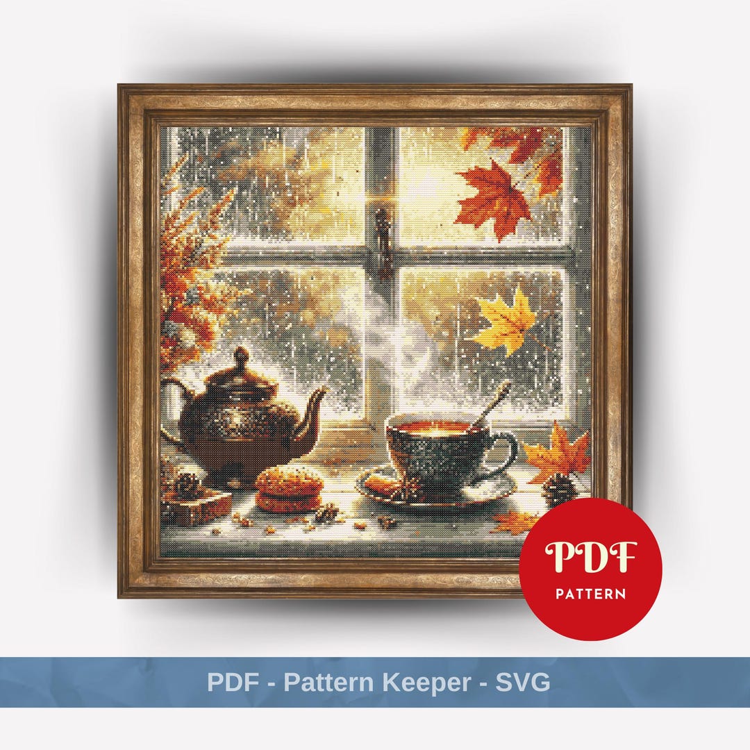 Retro Autumn Cross Stitch Pattern, Fall Window Embroidery Design, Rainy ...