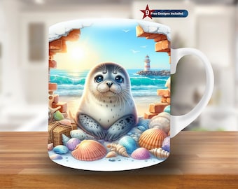 3D Seal and Ocean Hole in a Wall Mug Wrap,11oz & 15oz Mug Template, Summer Mug Sublimation Design, Mug Wrap Template, Instant Download PNG