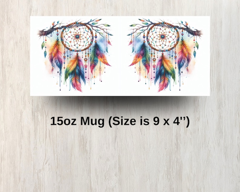 May include: A 15oz white ceramic mug with a colorful dreamcatcher design. The dreamcatcher is surrounded by feathers and beads. The mug is 9 inches wide and 4 inches tall.