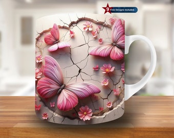 3D Różowy Motyl Pęknięcie W Ścianie Kubek Wrap, 11oz i 15oz Szablon Kubka, Różowy Projekt Sublimacji Kubka, Różowy Szablon Kubka Wrap, Natychmiastowe Pobieranie PNG