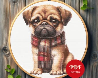 Pug Dog Cross Stitch Pattern, Cute Puppy Embroidery Design, Needlepoint Chart, Easy Cross Stitch PDF Pattern, Instant Download, DIY