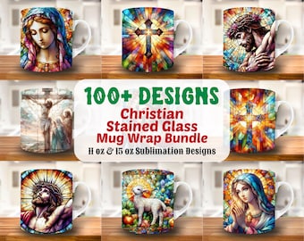 Christian Stained Glass Mug Wrap Bundle, 11oz & 15oz Mug Template, Jesus Mug Sublimation Design, Mug Wrap Template, Instant Download Png