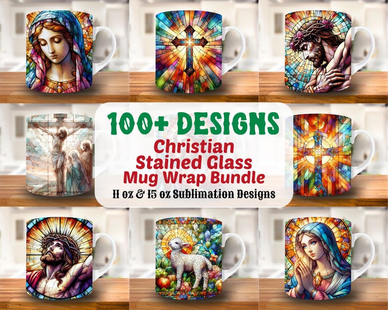 May include: A set of 100+ Christian stained glass mug wrap designs for sublimation. The designs feature various religious themes, including crosses, angels, and biblical scenes. The mugs are available in 11 oz and 15 oz sizes.
