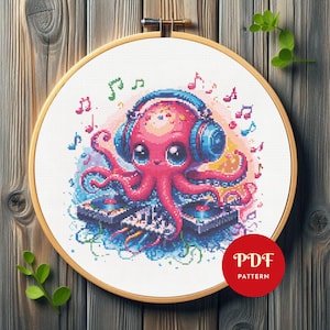 DJ Octopus Cross Stitch Pattern, Sea Animal Embroidery Design, Music Needlepoint Chart, Easy Cross Stitch PDF Pattern, Digital Download, DIY