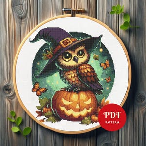 May include: Cross-stitch pattern showing a cartoon owl in a witch's hat, sitting on a carved pumpkin. The design includes butterflies and autumn leaves, set against a green and teal background. The pattern is displayed in a wooden embroidery hoop.