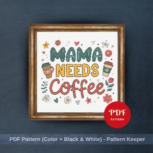 May include: Cross-stitch pattern framed in a wooden frame. The text "MAMA NEEDS Coffee" is displayed in teal, yellow, and red, with coffee cup illustrations and floral accents. A red circle with "PDF PATTERN" is in the bottom right.