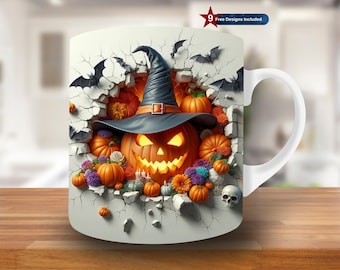 Agujero de calabaza de Halloween 3D en una envoltura de taza de pared, plantilla de taza de 11 oz y 15 oz, diseño de sublimación de taza de bruja, plantilla de envoltura de taza, descarga instantánea PNG
