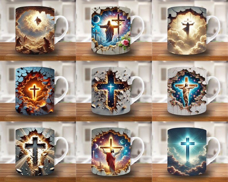 Puede incluir: Conjunto de 10 tazas de cer&aacute;mica blanca con diferentes dise&ntilde;os de cruces cristianas. Cada taza presenta un dise&ntilde;o de cruz diferente con un tema religioso. Las tazas son perfectas para caf&eacute;, t&eacute; o chocolate caliente.