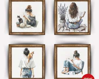 以下が含まれることがあります： 猫と本を持った女性を描いた、額縁に入ったクロスステッチのパターンが4つ。水彩画のような、柔らかな色使いと繊細なディテールが特徴です。
