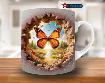 3D orange blaues Schmetterlingsloch in einer Wandbecherverpackung, 11 Unzen- und 15 Unzen Becherdesign, Becher-Sublimationsdesign, Kaffeetasse-Verpackungsvorlage PNG, Digital