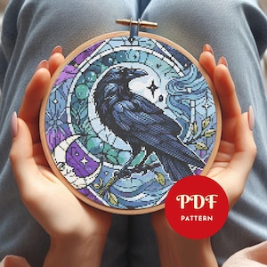 Raven Cross Stitch Pattern, Gothic Bird Embroidery Design,Stained Glass Needlepoint Chart,Easy Cross Stitch PDF Pattern,Instant Download,DIY