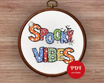 Halloween-korsstygnsmönster i PDF-format, broderi med kusliga vibbar (kompatibelt med Pattern Keeper, direktnedladdning)