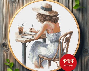 Kaffee Mädchen Kreuzstichmuster PDF, Sommer Frau Stickerei (Pattern Deco, Instant Download)