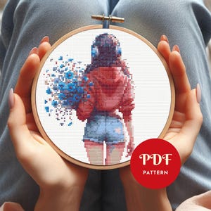 Meisje met wilde bloemen kruissteekpatroon, vrouwelijk borduurontwerp, vrouwenborduurpatroon, eenvoudig pdf-kruissteekpatroon, bloemen