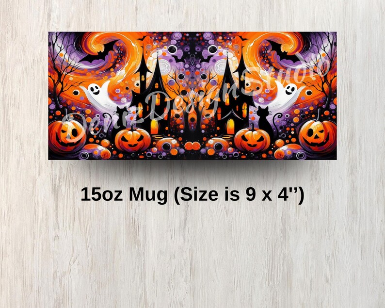 May include: A Halloween-themed mug with a vibrant design featuring a haunted house, pumpkins, ghosts, and bats. The mug is 9 inches long and 4 inches high. The text "15oz Mug (Size is 9 x 4")" is printed on the bottom.