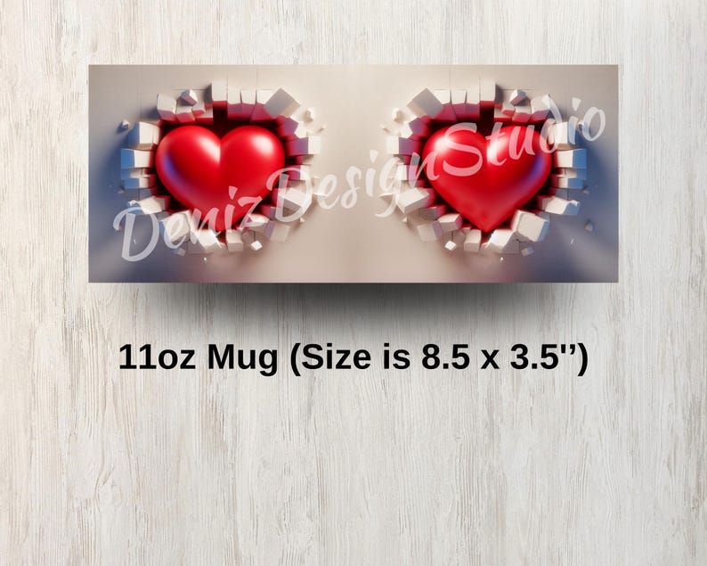 May include: A white ceramic mug with a design of two red hearts breaking through a white wall. The mug is 11 ounces and measures 8.5 inches by 3.5 inches.