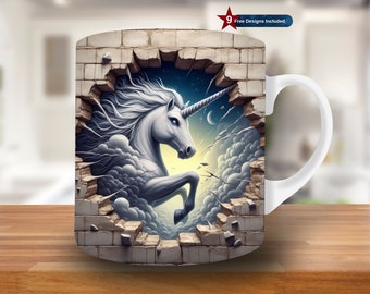 3D White Unicorn Hole In A Wall Mug Wrap, 11oz & 15oz Mug Template, Mug Sublimation Design, Mug Wrap Template PNG, Instant Digital Download