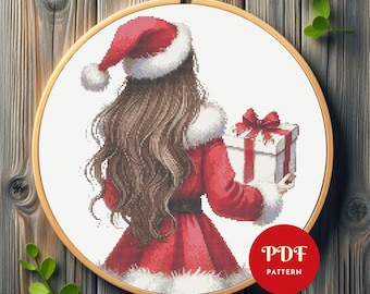 Noël fille motif point de croix, motif de broderie femme, grille de broderie de vacances, cadeau motif PDF point de croix, téléchargement immédiat, bricolage