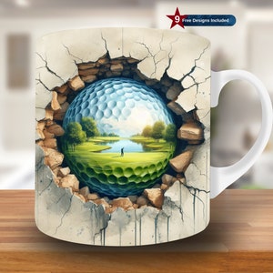 3D-golfbollsmugg med hål i väggen, 11oz och 15oz muggmall, sublimeringsdesign för golfmugg, mall för kaffemugg, digital nedladdning PNG