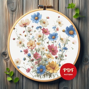 Wilde bloemen kruissteekpatroon, bloemenborduurpatroon, bloemenborduurontwerp, pdf-patroonbestand kruissteek, digitaal pdf-patroon